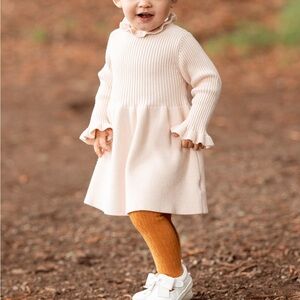 Beige sweater dress with neck and sleeve ruffles, 18-24mo